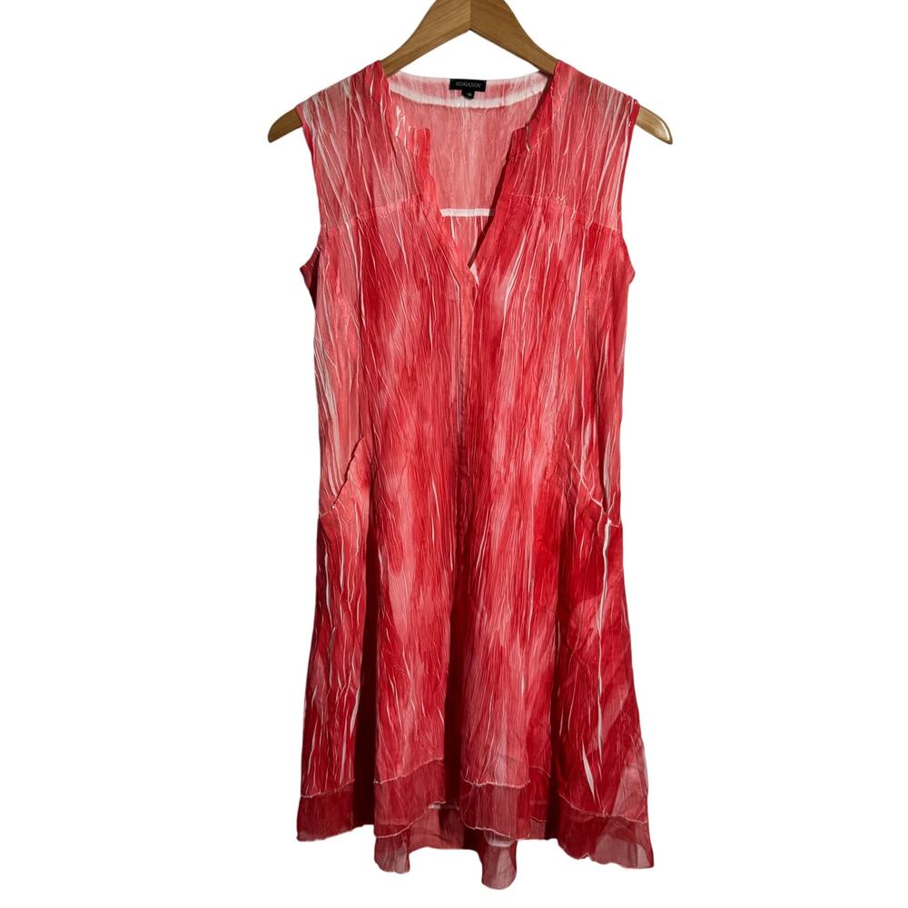 Komarov V-Neck Split Collar Pocket Dress XS Salmon‎ Pink Crinkle Y2K Vacay USA